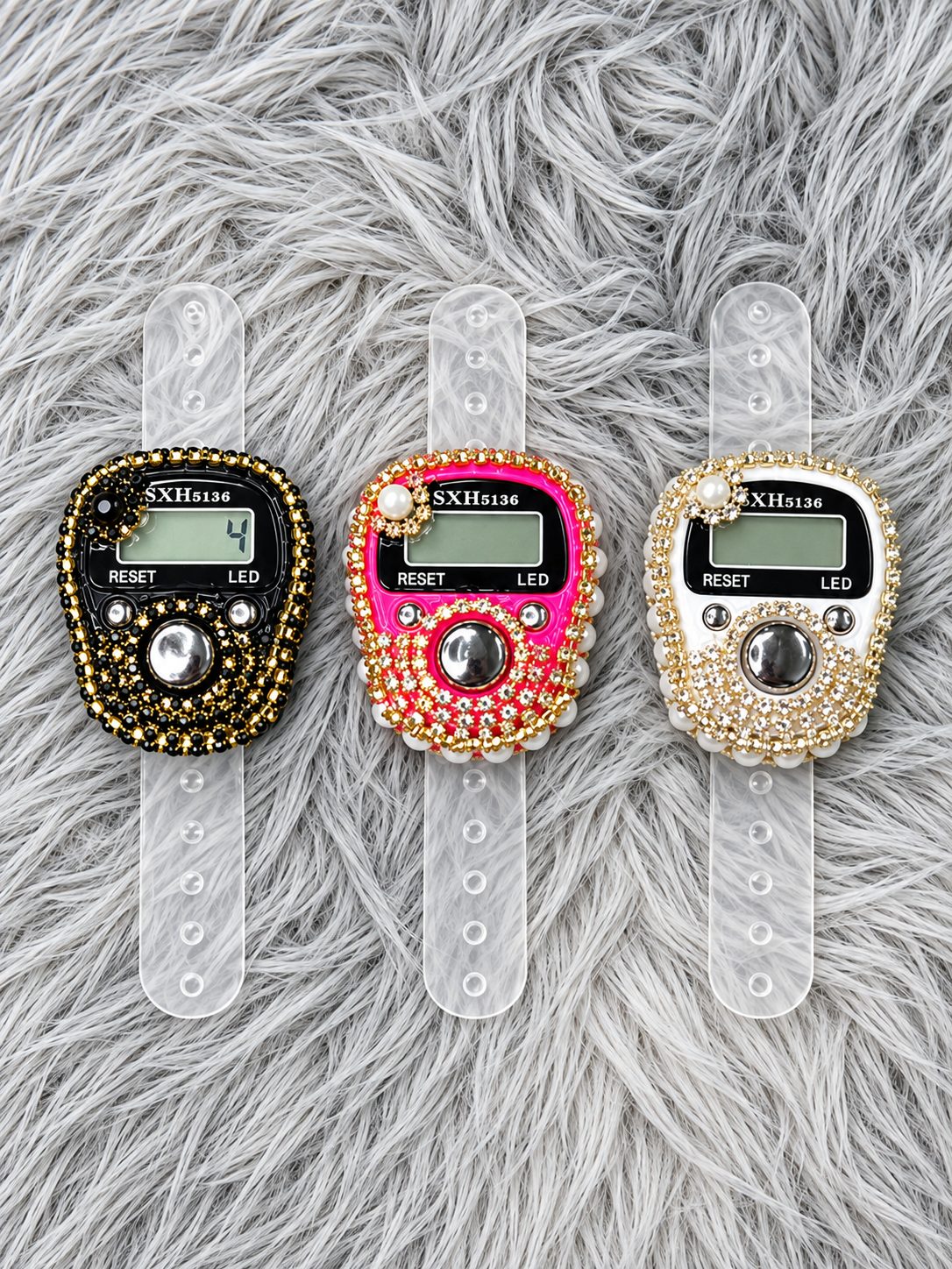 Pack of 3 Digital Handmade Tasbih Counters – White, Pink & Black
